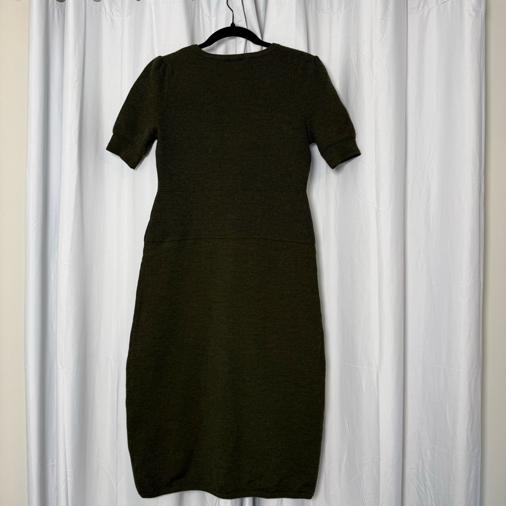 Talbots Olive Green Ribbed Knit Dress Wool Blend V Neck Short Sleeve Small - Picture 10 of 14